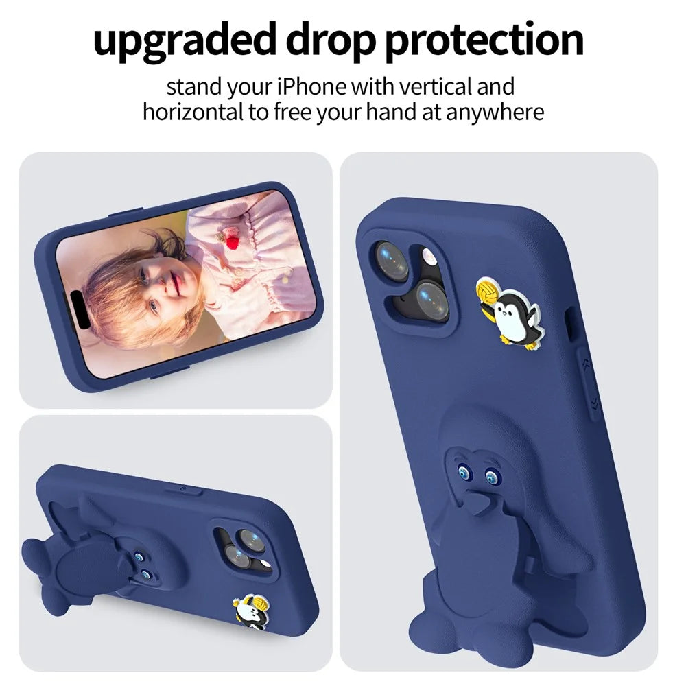 For iPhone 15 Case Penguin Design Kickstand Shockproof EVA Phone Cover - Navy Blue - 3
