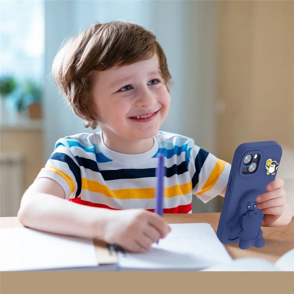 For iPhone 15 Case Penguin Design Kickstand Shockproof EVA Phone Cover - Navy Blue - 6