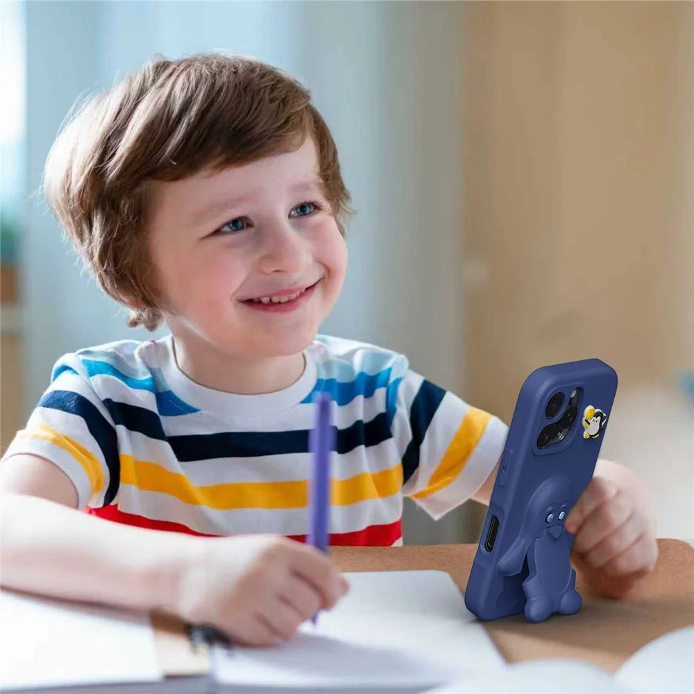For iPhone 15 Pro Case Penguin Design Kickstand Shockproof EVA Phone Cover - Navy Blue - 6