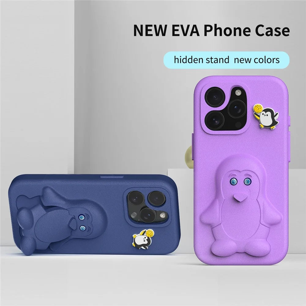 For iPhone 15 Pro Case Penguin Design Kickstand Shockproof EVA Phone Cover - Navy Blue - 7