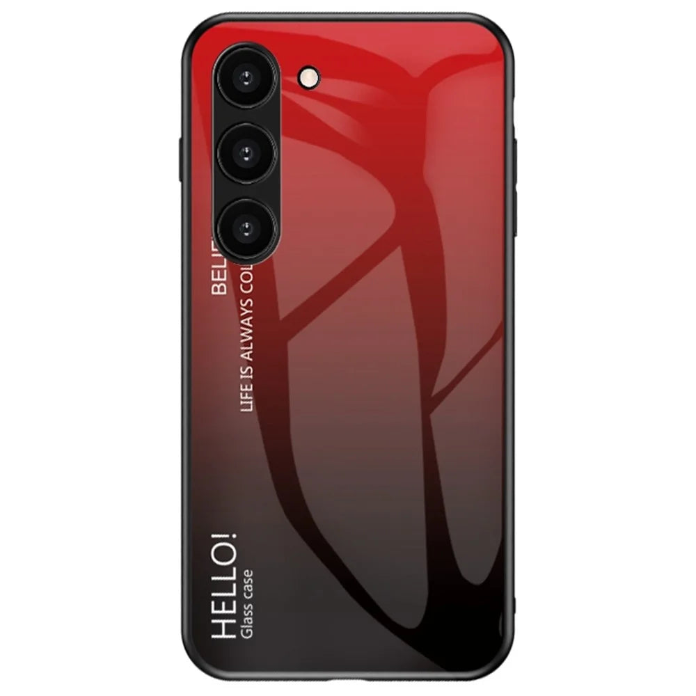 For Samsung Galaxy S23 Gradient Color Tempered Glass Phone Case Hard PC Soft TPU Anti-scratch Protective Back Cover - Gradient Red Black - 1