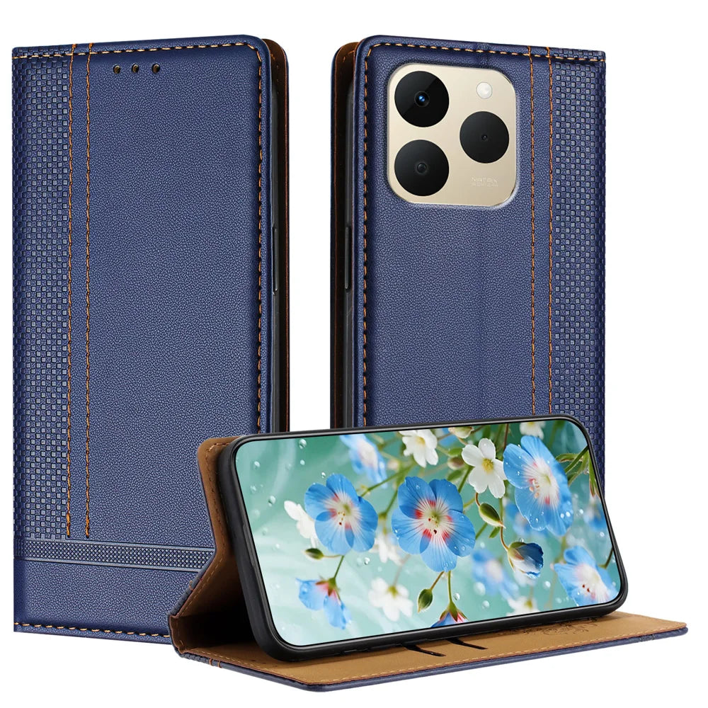 For Realme 15T 5G Case L-Shaped Grid Pattern Leather Stand Phone Cover with Card Slots - Blue - 1