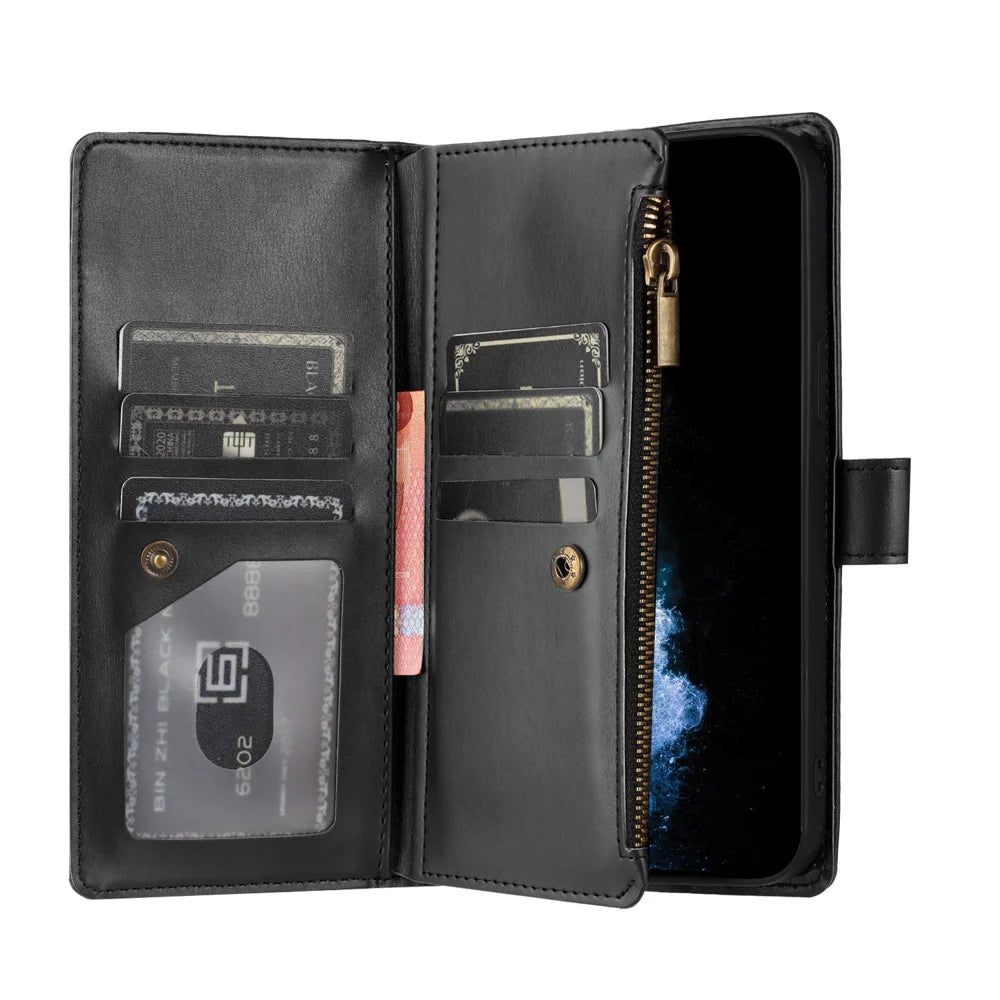 For vivo X300 Pro 5G Leather Case Zipper Wallet Stand Shockproof Phone Cover with Wrist Strap - Black - 4