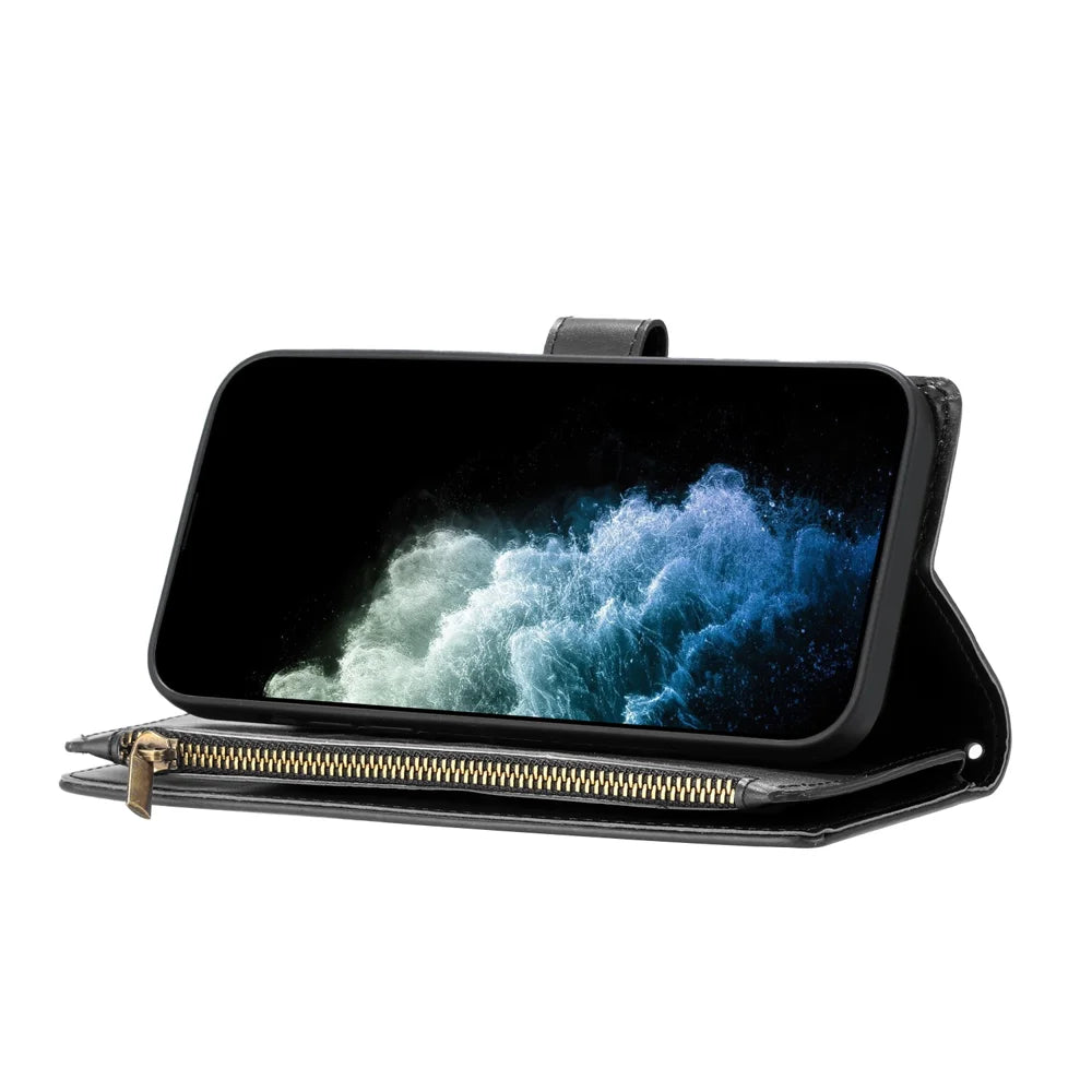For vivo X300 Pro 5G Leather Case Zipper Wallet Stand Shockproof Phone Cover with Wrist Strap - Black - 6