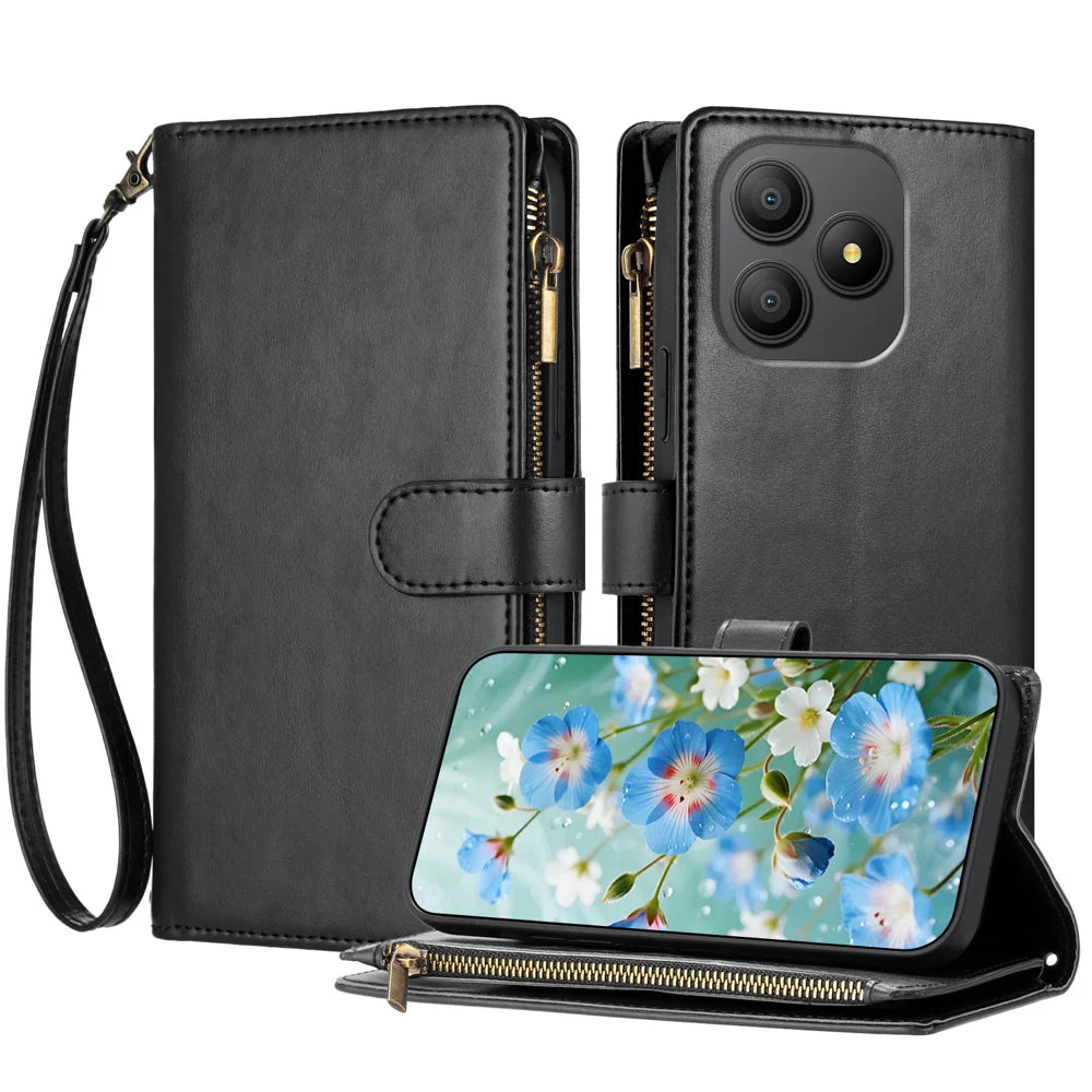 For Blackview Wave 9C Leather Case Zipper Wallet Stand Shockproof Phone Cover with Wrist Strap - Black - 1
