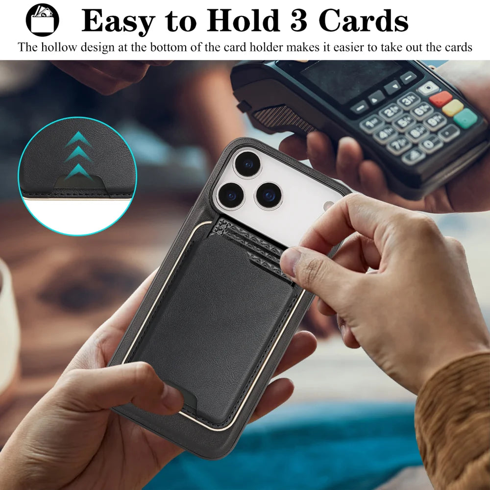 For iPhone 17 Pro Case Compatible with MagSafe Ultra Thin Card Holder PU Leather Coated TPU Cover - Black - 4