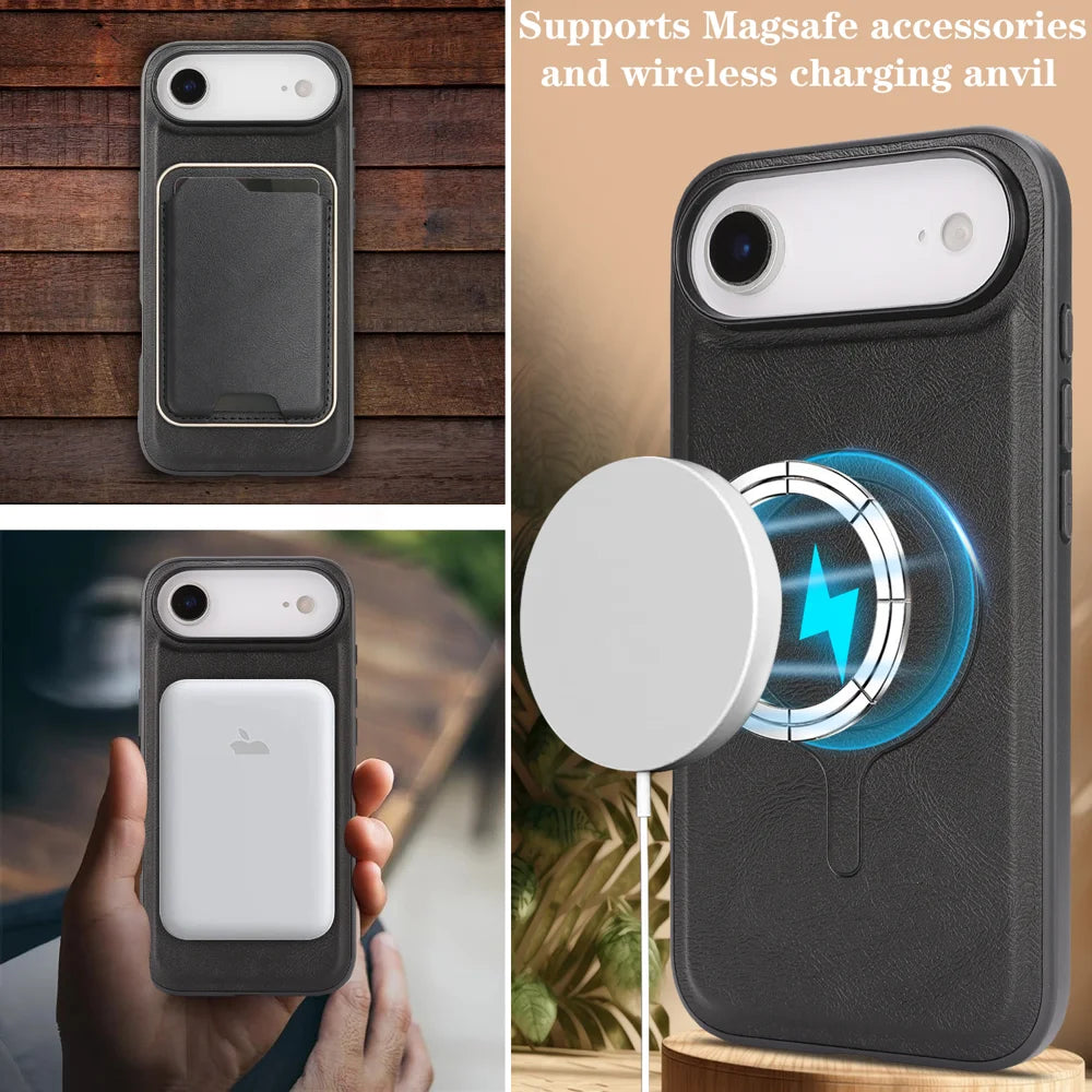 For iPhone Air Case Compatible with MagSafe Ultra Thin Card Holder PU Leather Coated TPU Cover - Black - 7