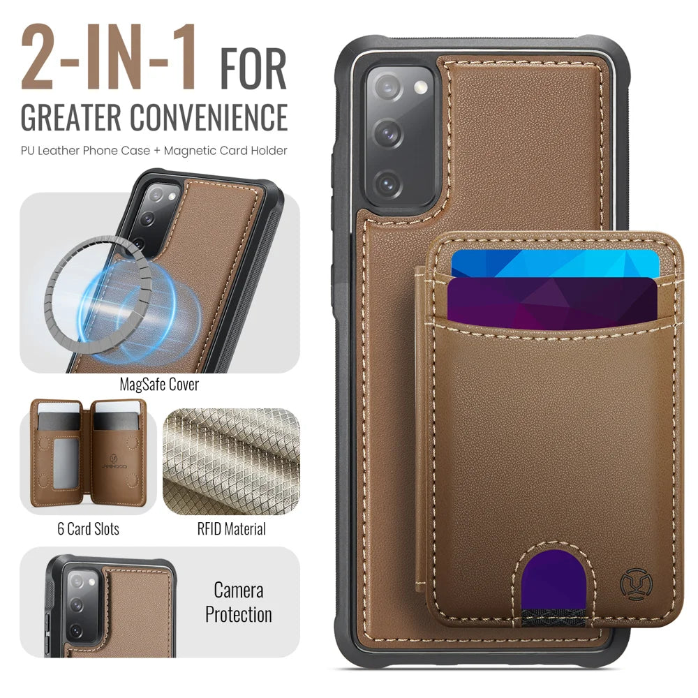 JEEHOOD For Samsung Galaxy S20 FE Case  J10 Magnetic Case Leather Back Phone Cover with Detachable Card Holder Kickstand - Brown - 2