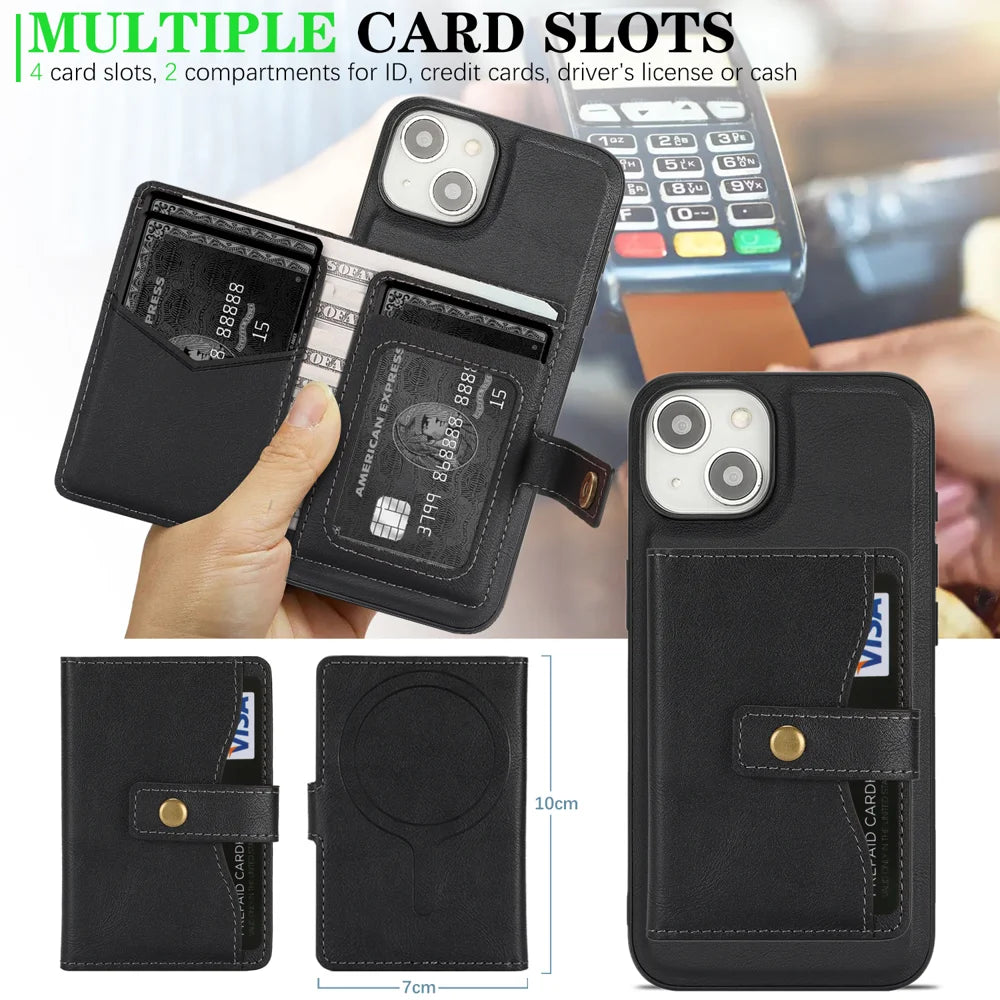 For iPhone 13 Kickstand Case Detachable Card Bag Compatible with MagSafe PU Leather Coated TPU Phone Cover - Black - 5