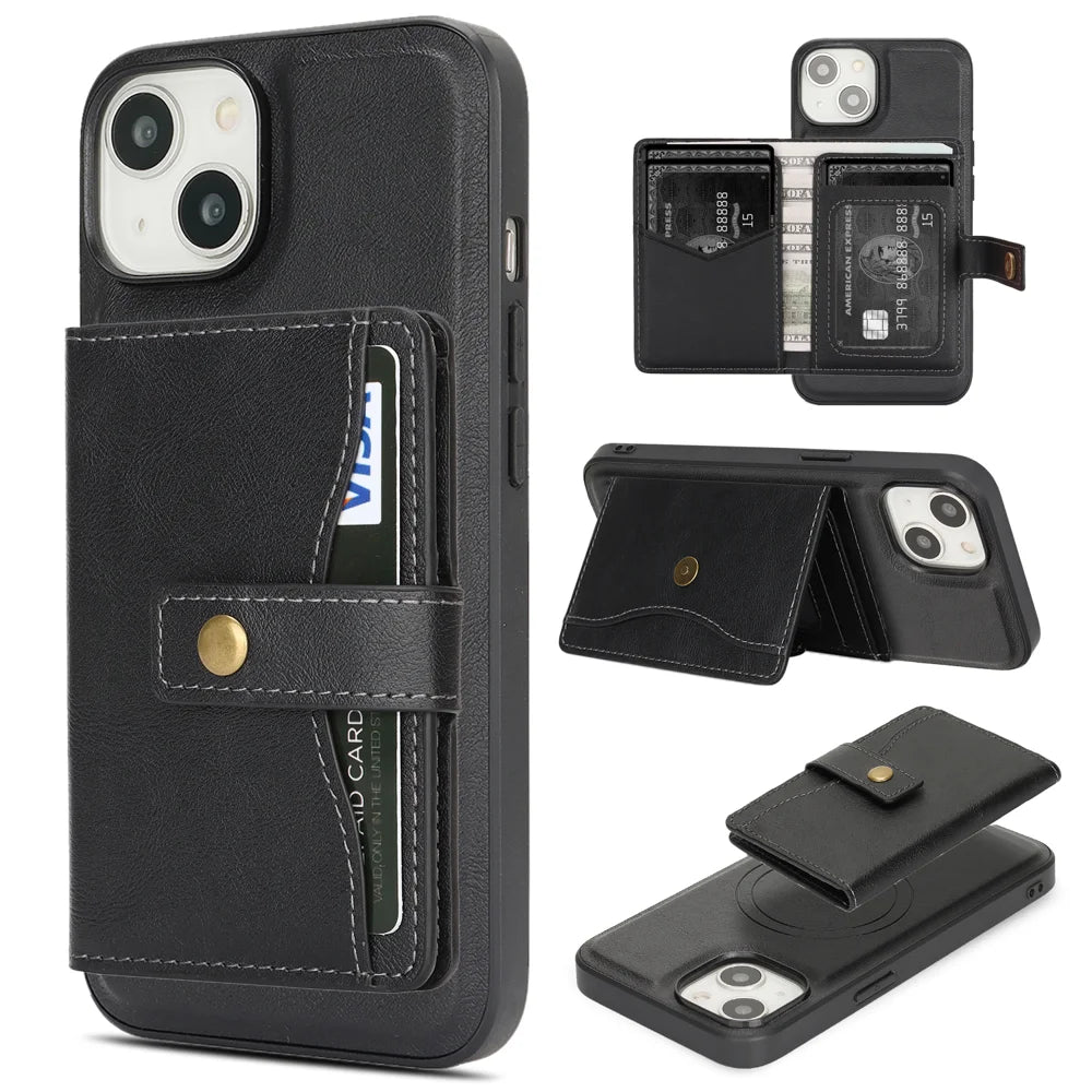 For iPhone 14 Kickstand Case Detachable Card Bag Compatible with MagSafe PU Leather Coated TPU Phone Cover - Black - 1
