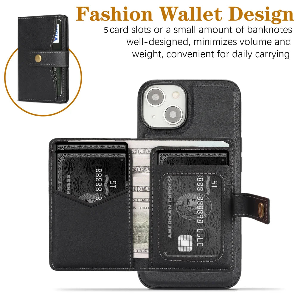 For iPhone 14 Kickstand Case Detachable Card Bag Compatible with MagSafe PU Leather Coated TPU Phone Cover - Black - 2