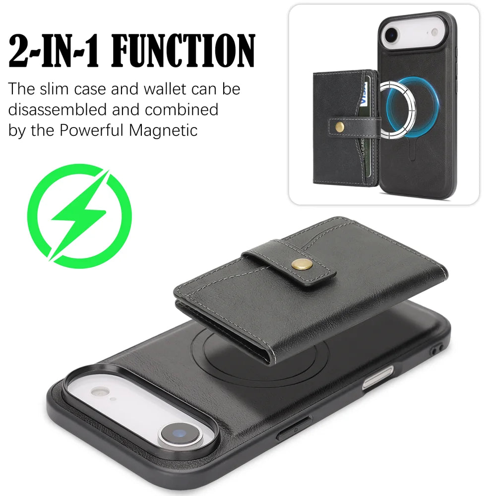 For iPhone Air Kickstand Case Detachable Card Bag Compatible with MagSafe PU Leather Coated TPU Phone Cover - Black - 3
