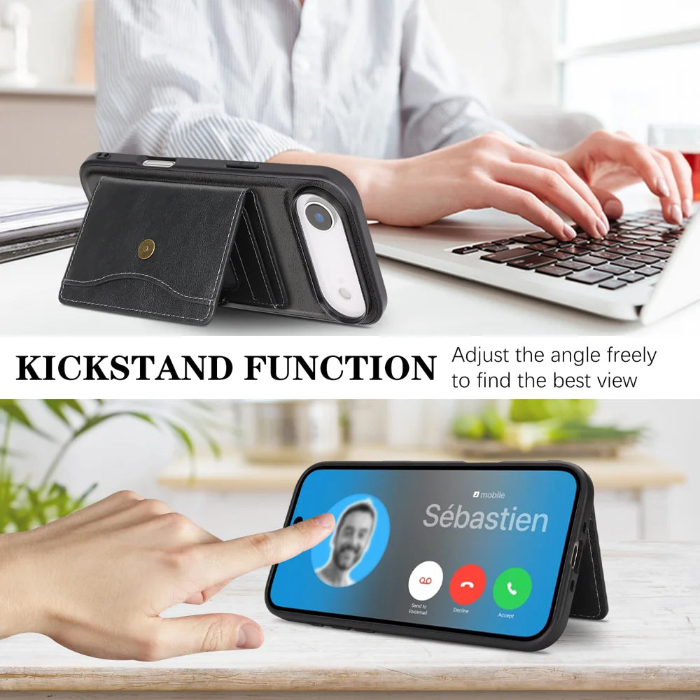 For iPhone Air Kickstand Case Detachable Card Bag Compatible with MagSafe PU Leather Coated TPU Phone Cover - Black - 4