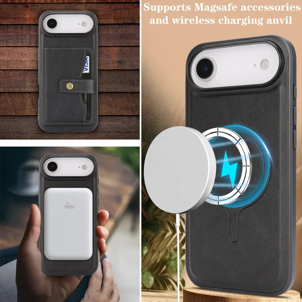 For iPhone Air Kickstand Case Detachable Card Bag Compatible with MagSafe PU Leather Coated TPU Phone Cover - Black - 7