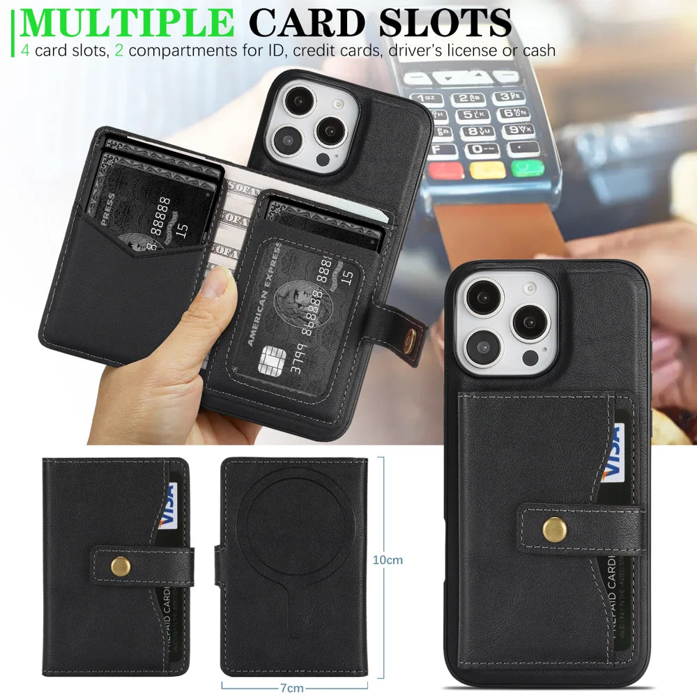 For iPhone 14 Pro Max Kickstand Case Detachable Card Bag Compatible with MagSafe PU Leather Coated TPU Phone Cover - Black - 6