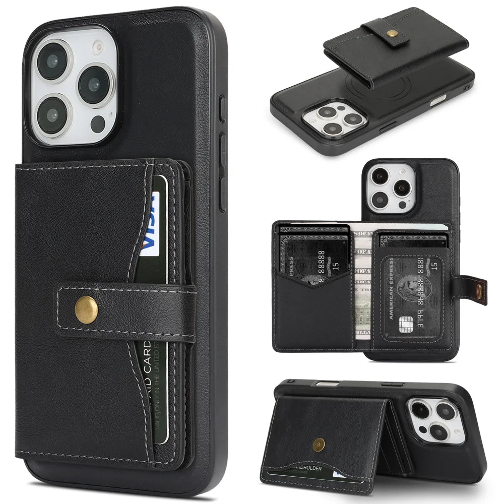 For iPhone 13 Pro Kickstand Case Detachable Card Bag Compatible with MagSafe PU Leather Coated TPU Phone Cover - Black - 1