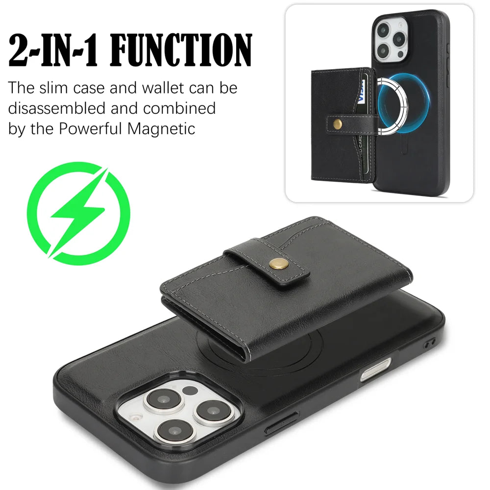 For iPhone 13 Pro Kickstand Case Detachable Card Bag Compatible with MagSafe PU Leather Coated TPU Phone Cover - Black - 3