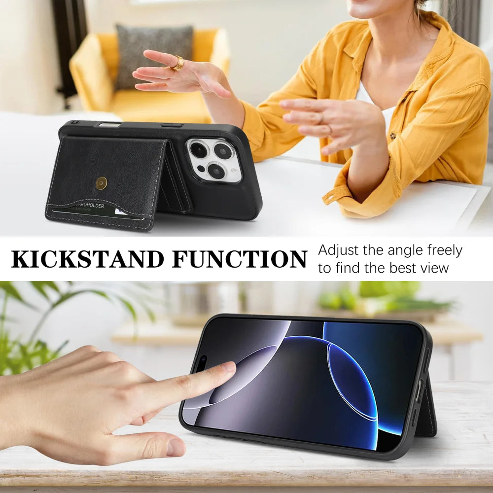 For iPhone 13 Pro Kickstand Case Detachable Card Bag Compatible with MagSafe PU Leather Coated TPU Phone Cover - Black - 4