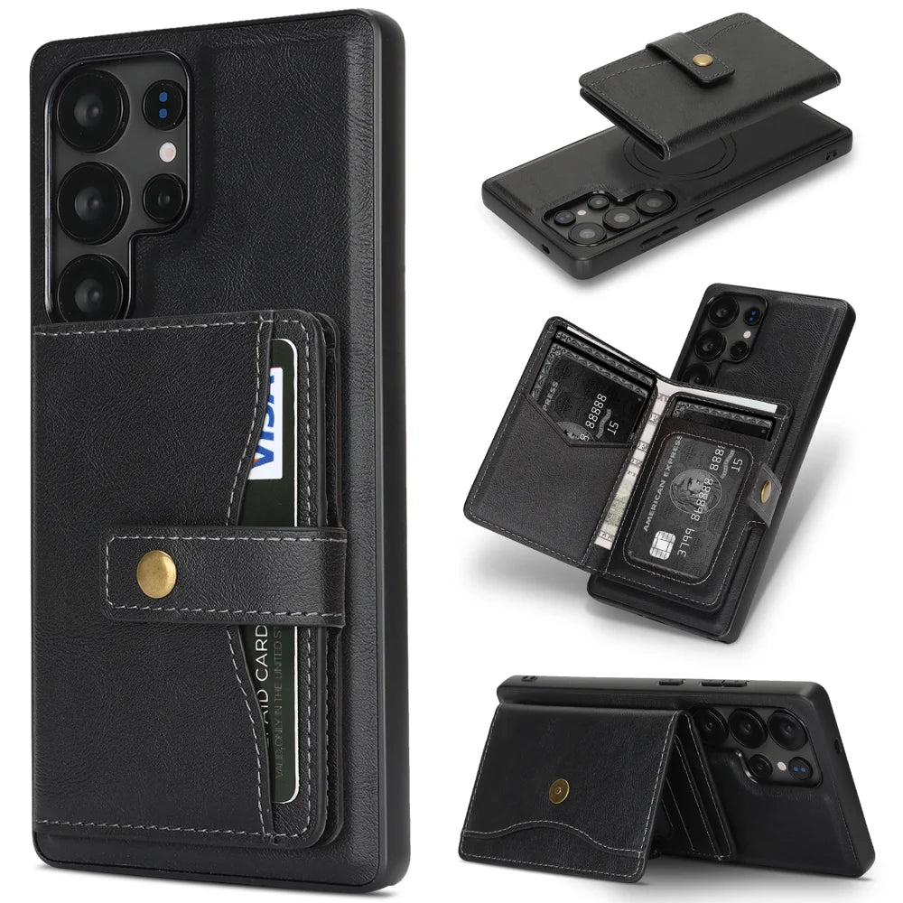 For Samsung Galaxy S23 Ultra Kickstand Case Detachable Card Bag Magnetic Case PU Leather Coated TPU Phone Cover - Black - 1