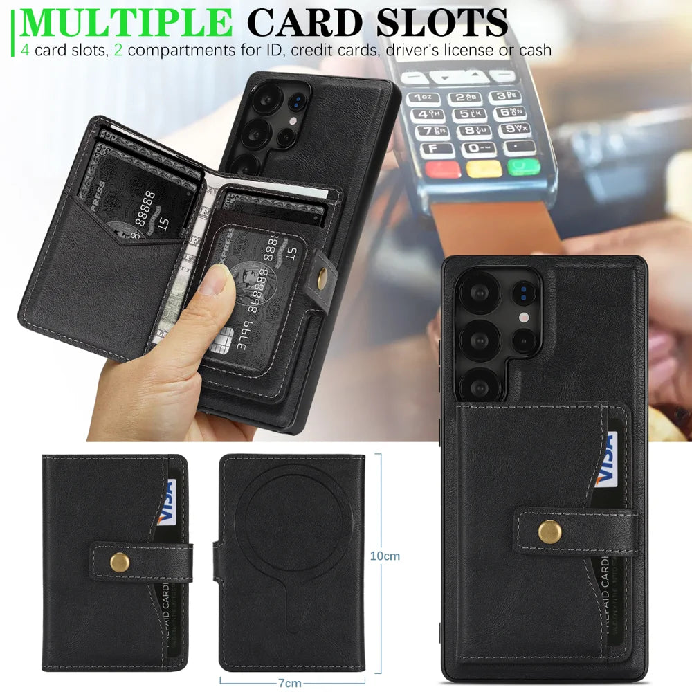 For Samsung Galaxy S23 Ultra Kickstand Case Detachable Card Bag Magnetic Case PU Leather Coated TPU Phone Cover - Black - 5
