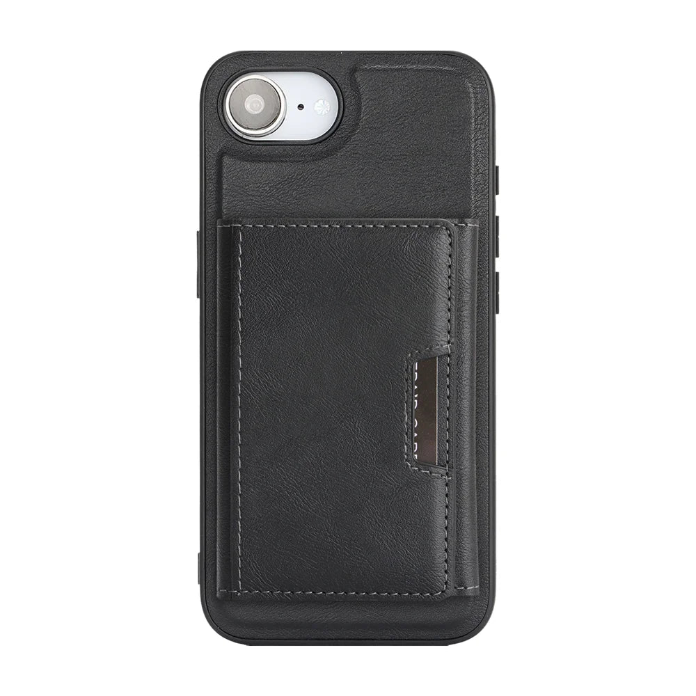 For iPhone 17e / 16e Kickstand Case Tri-fold Card Bag PU Leather Coated TPU Cover Compatible with MagSafe - Black - 2