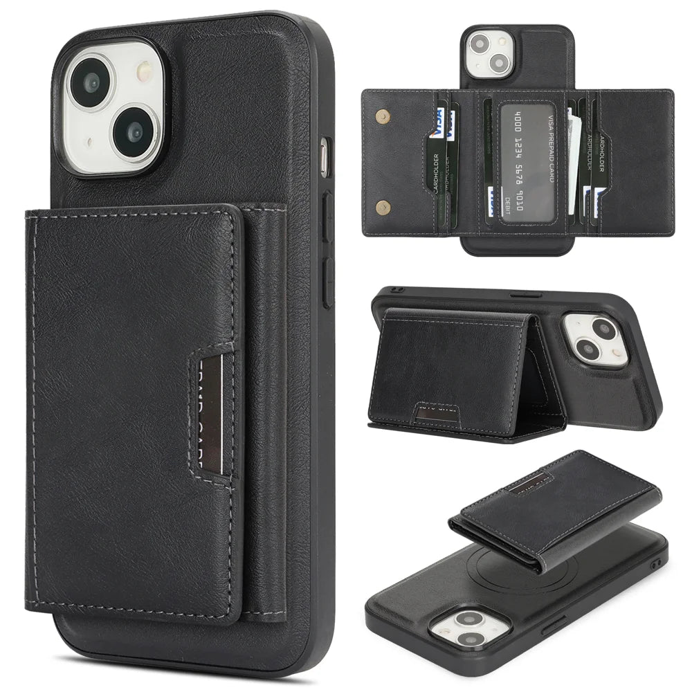For iPhone 14 Kickstand Case Tri-fold Card Bag PU Leather Coated TPU Cover Compatible with MagSafe - Black - 1