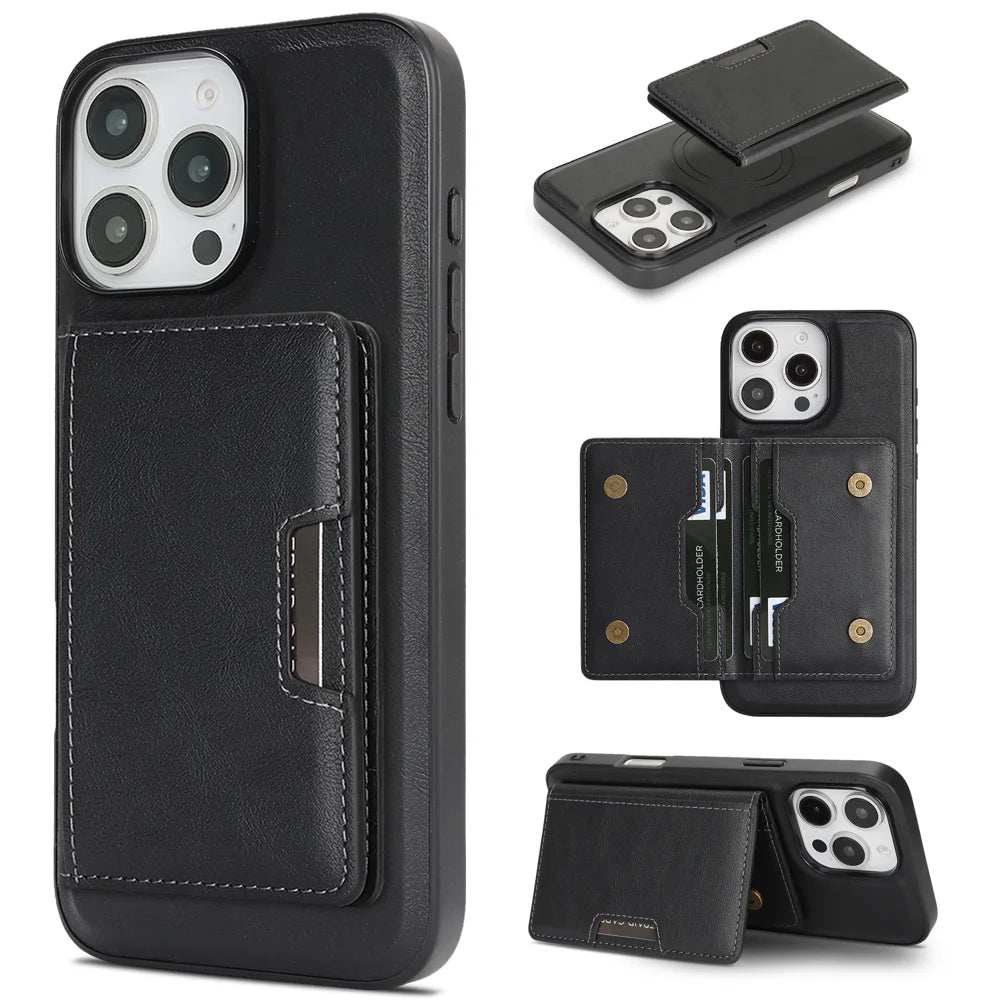 For iPhone 16 Pro Kickstand Case Bi-fold Card Bag PU Leather Coated TPU Cover Compatible with MagSafe - Black - 1