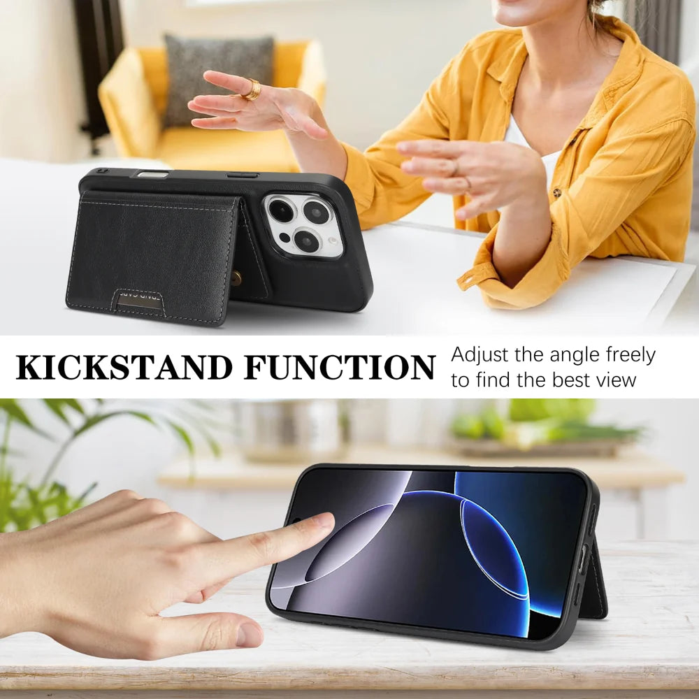 For iPhone 16 Pro Kickstand Case Bi-fold Card Bag PU Leather Coated TPU Cover Compatible with MagSafe - Black - 4