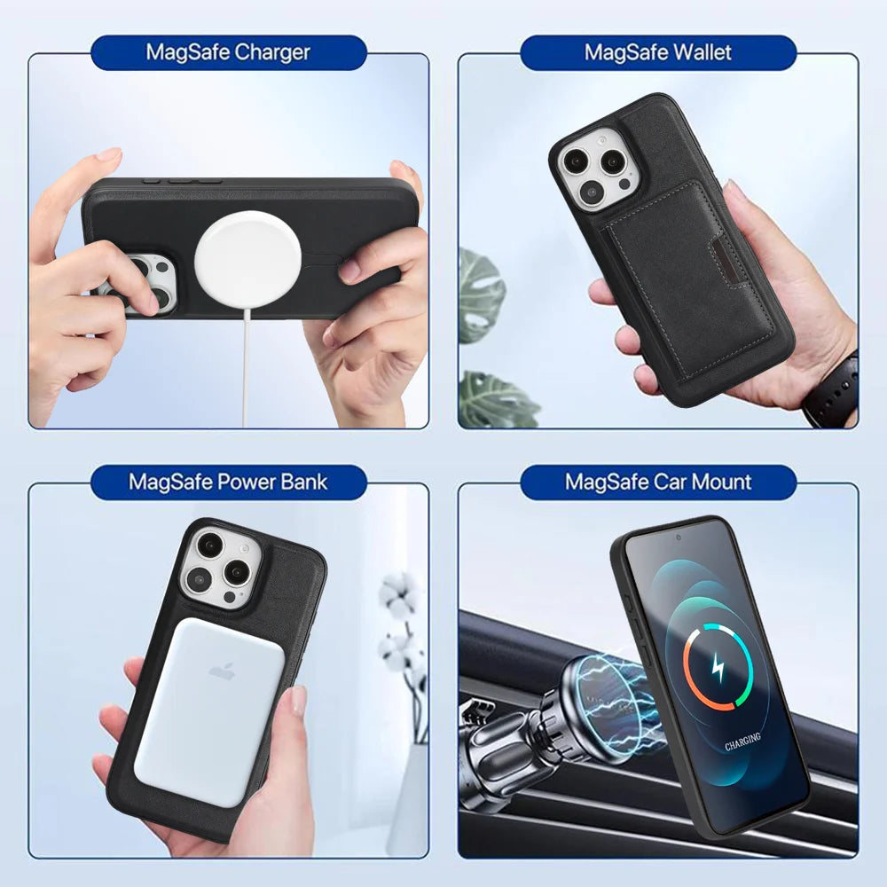 For iPhone 16 Pro Kickstand Case Bi-fold Card Bag PU Leather Coated TPU Cover Compatible with MagSafe - Black - 7