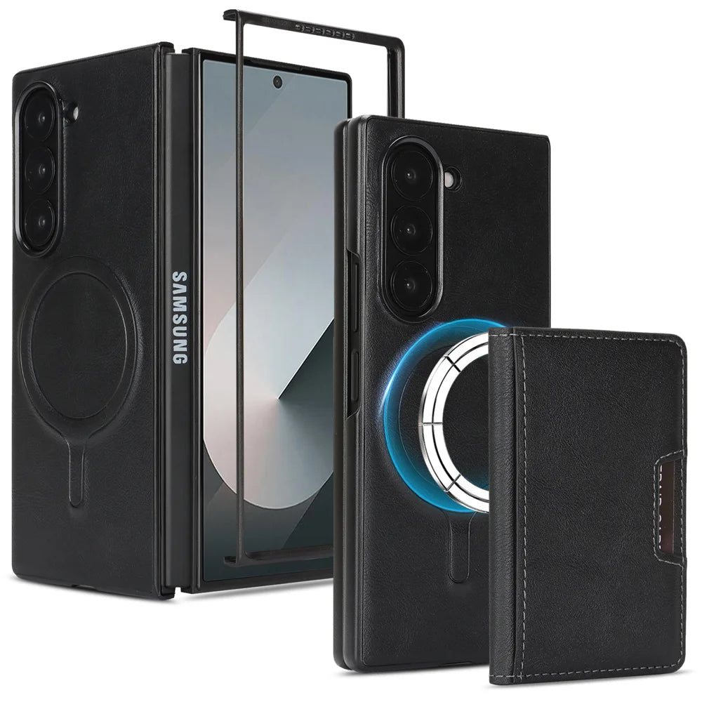 For Samsung Galaxy Z Fold6 5G Kickstand Case Bi-fold Card Bag PU Leather Coated TPU Cover Magnetic Case - Black - 1