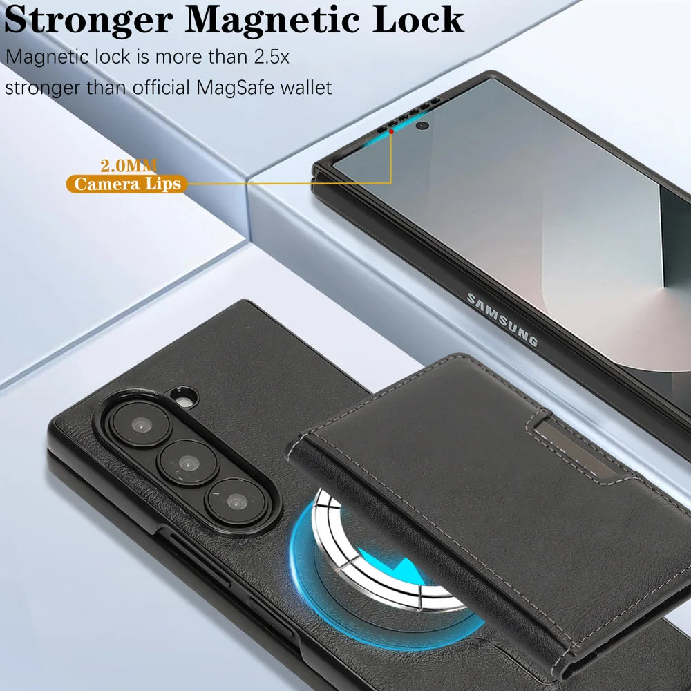 For Samsung Galaxy Z Fold7 5G Kickstand Case Bi-fold Card Bag PU Leather Coated TPU Cover Magnetic Case - Black - 5