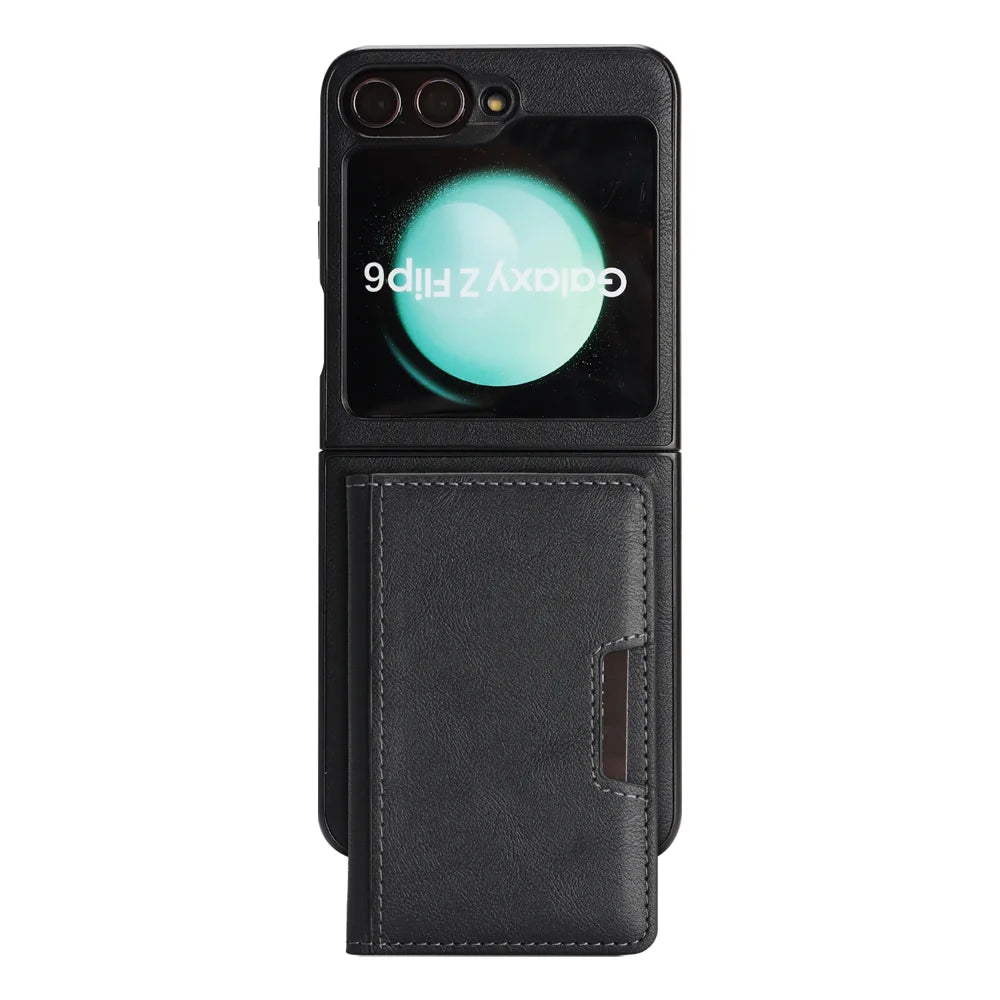 For Samsung Galaxy Z Flip6 5G Kickstand Case Bi-fold Card Bag PU Leather Coated TPU Cover Magnetic Case - Black - 2