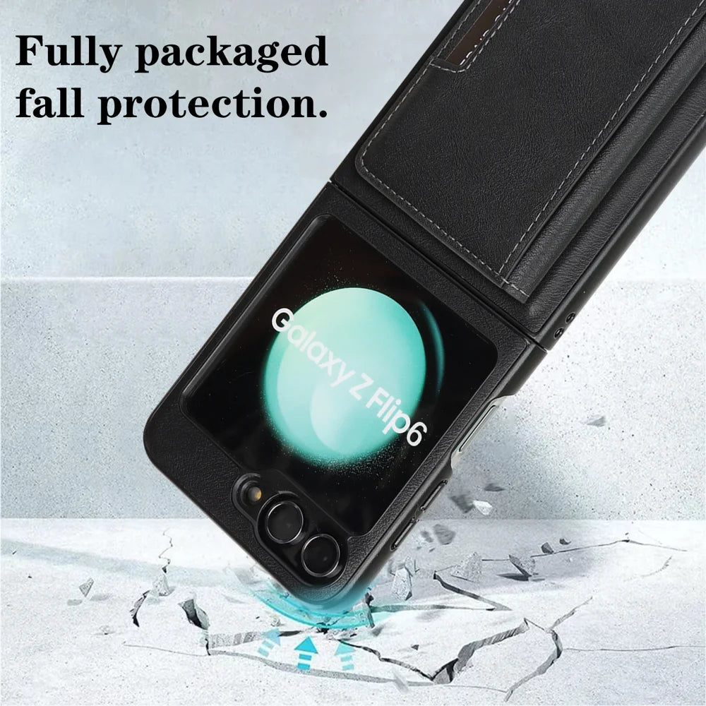 For Samsung Galaxy Z Flip6 5G Kickstand Case Bi-fold Card Bag PU Leather Coated TPU Cover Magnetic Case - Black - 4