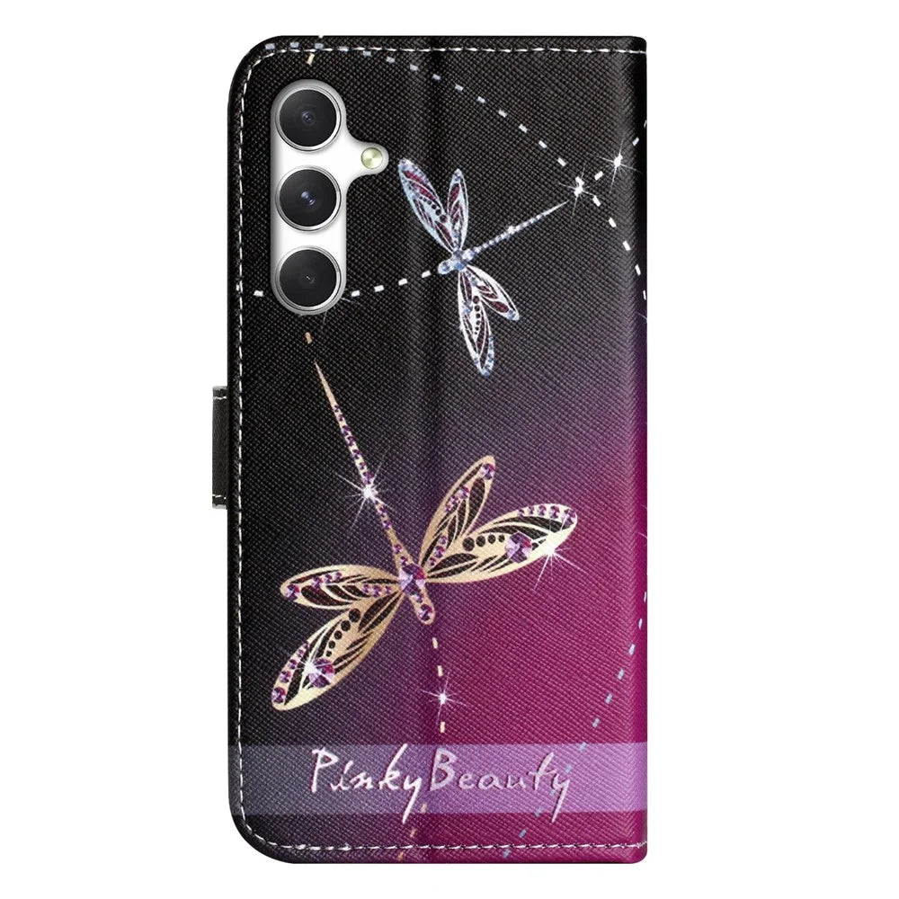 For Samsung Galaxy A57 5G Case Pattern Print PU Leather Wallet Phone Cover Cross Texture - Dragonfly - 6