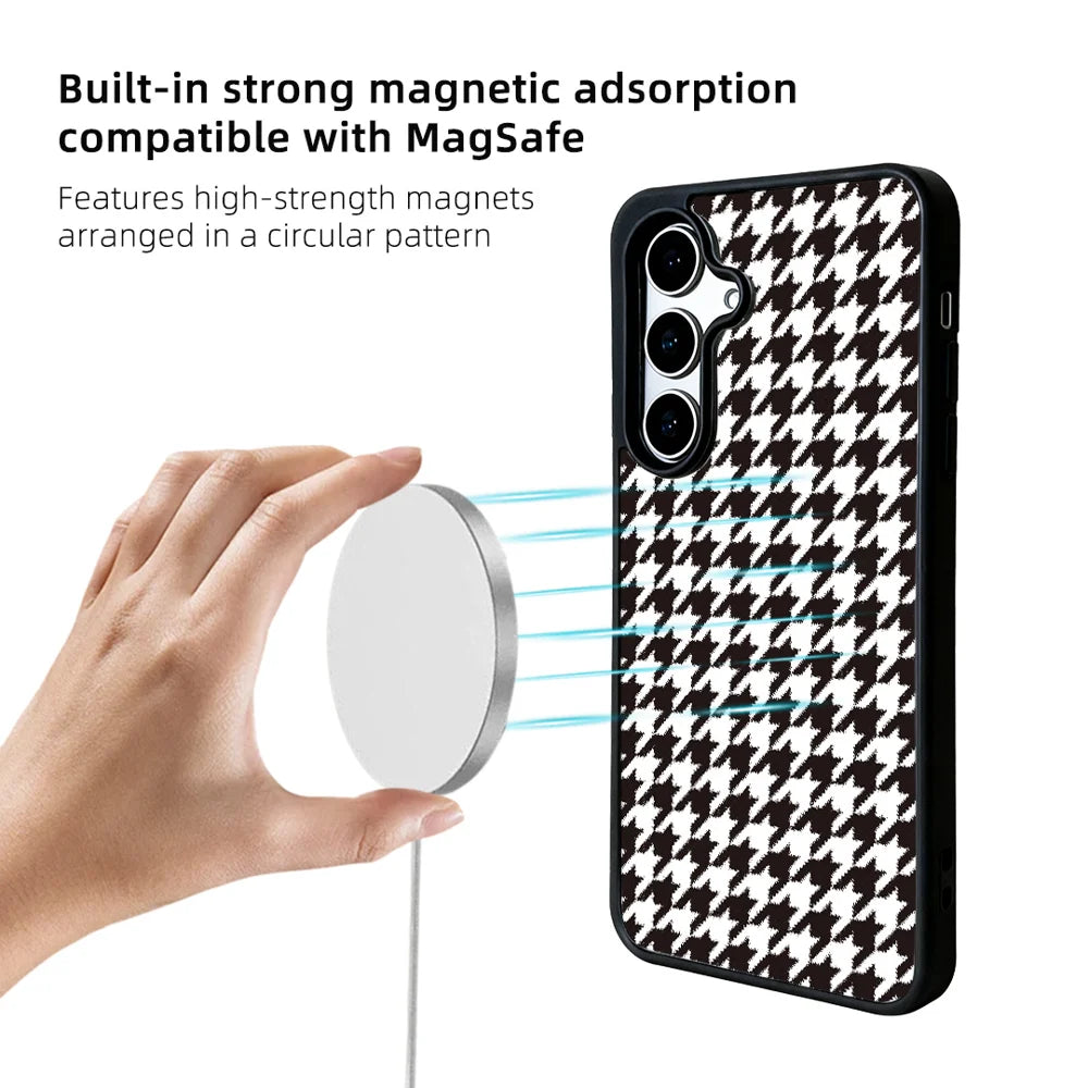 EYCASE For Samsung Galaxy S26 Magnetic Case  Grid Series Black Edge TPU + Acrylic Cover - Black White Houndstooth - 4