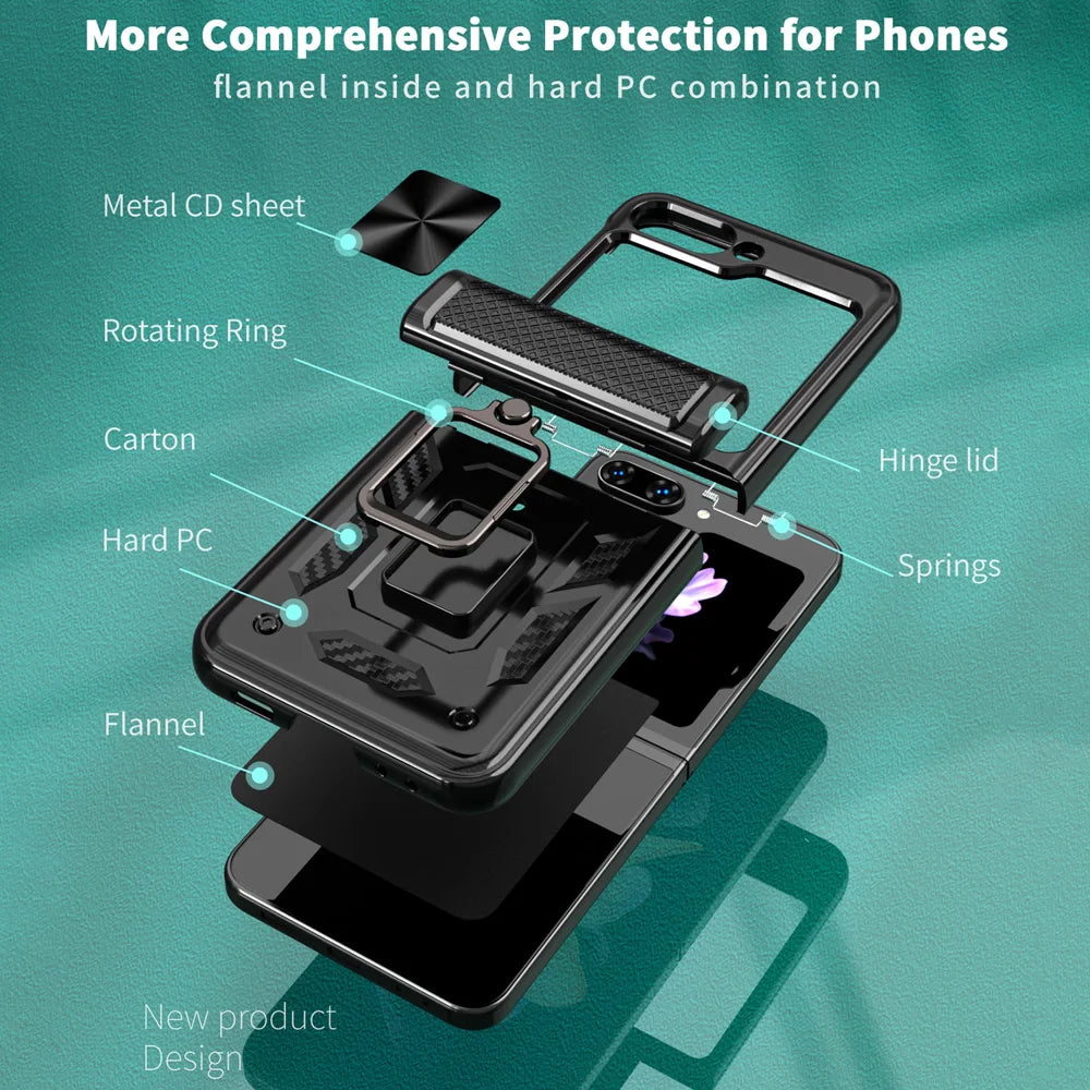 For Samsung Galaxy Z Flip5 5G Phone Case with Hinge PC + TPU Cover with Kickstand and Slide Camera Lid - Black - 6