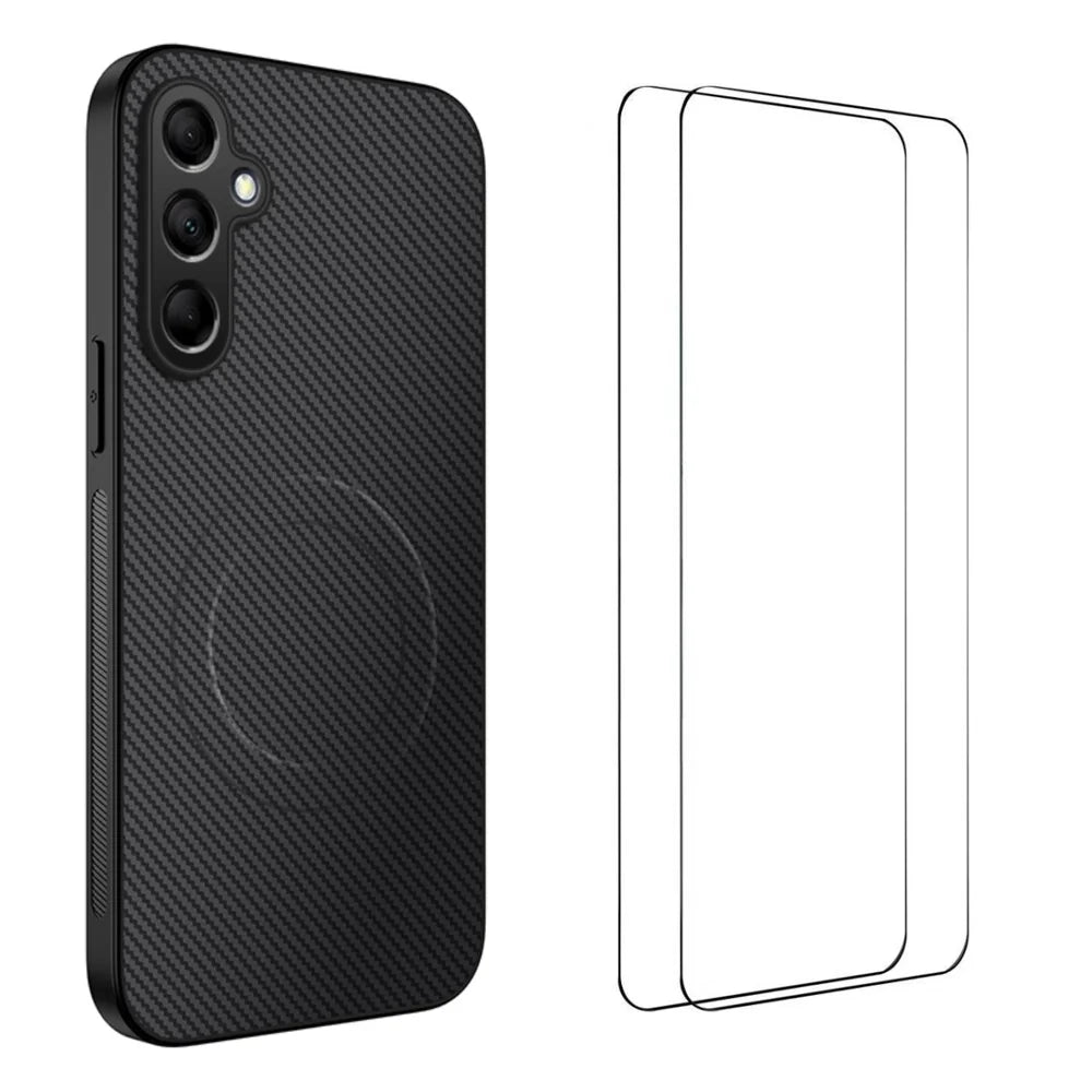 WANLONFENG For Samsung Galaxy S26+ Magnetic Case  TQ1 Series Carbon Fiber Texture PC TPU Phone Cover with 2Pcs Screen Films - Black - 1