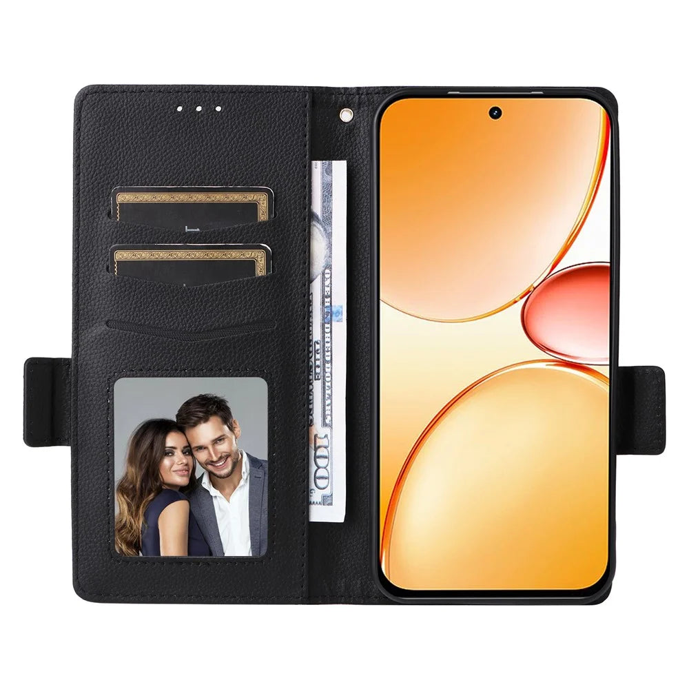 Litchi Texture Case For Realme C100 5G / C83 5G / C85 4G / C85 5G / 15x (India) 5G Wallet Leather Phone Cover with Wrist Strap - Black - 2