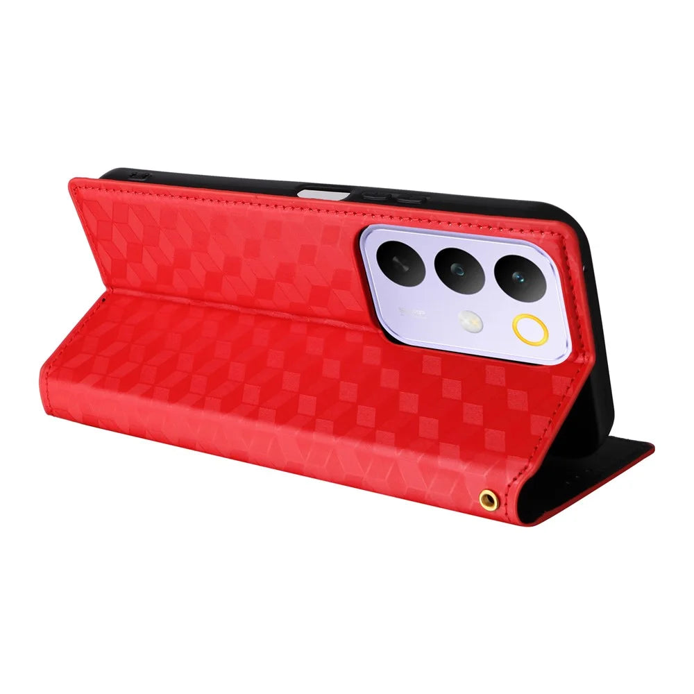 Wallet Case For Realme C100 5G / C83 5G / C85 4G / C85 5G / 15x (India) 5G Rhombus Imprinted PU Leather Phone Cover - Red - 5