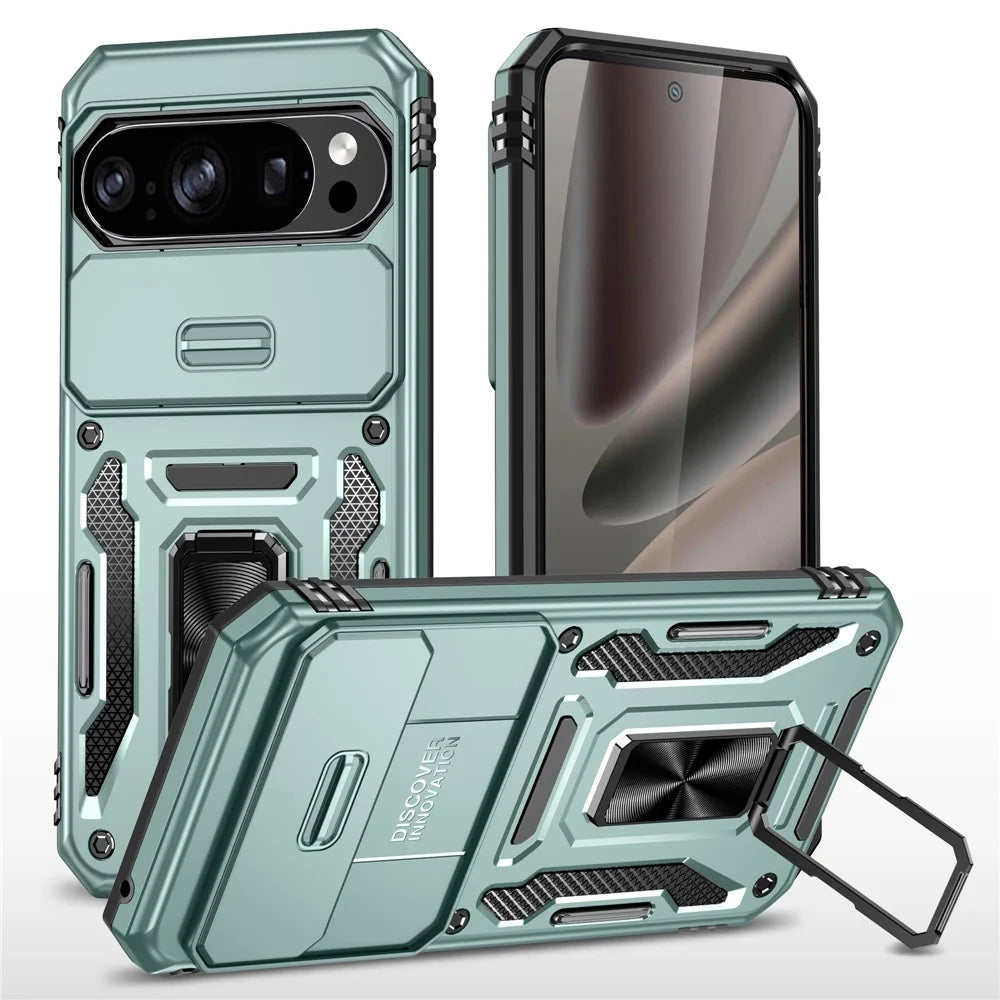 For Google Pixel 11 / 10 Pro / 10 Case Kickstand Slide Lens Lid PC + TPU Drop-Proof Phone Cover - Green - 1