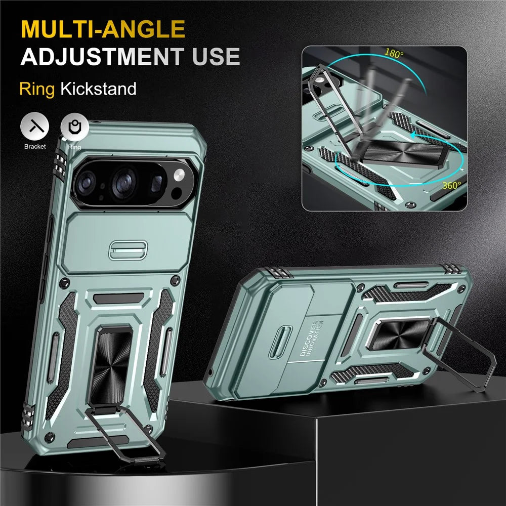 For Google Pixel 11 Pro XL / 10 Pro XL Case Kickstand Slide Lens Lid PC + TPU Drop-Proof Phone Cover - Green - 2