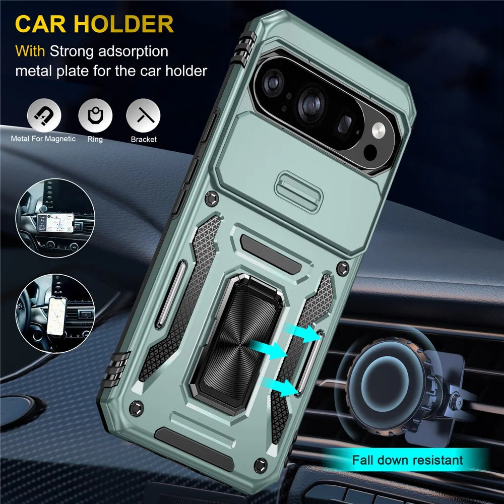 For Google Pixel 11 Pro XL / 10 Pro XL Case Kickstand Slide Lens Lid PC + TPU Drop-Proof Phone Cover - Green - 3