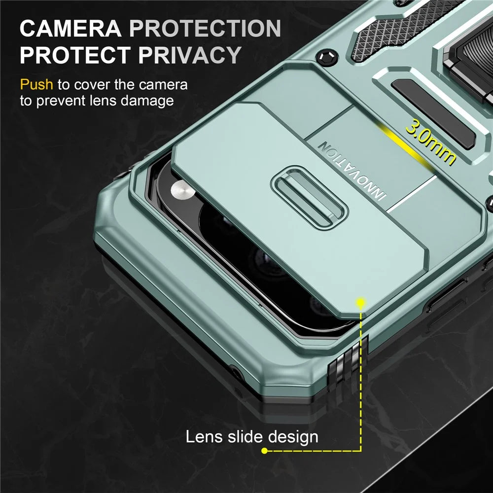 For Google Pixel 11 Pro XL / 10 Pro XL Case Kickstand Slide Lens Lid PC + TPU Drop-Proof Phone Cover - Green - 6