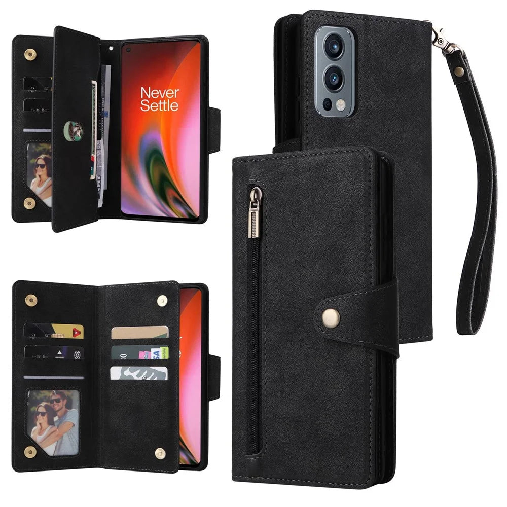 For OnePlus Nord 2 5G Zipper Pocket Design Phone Cover Rivet Buckle PU Leather Phone Case Stand Wallet with Strap - Black - 1