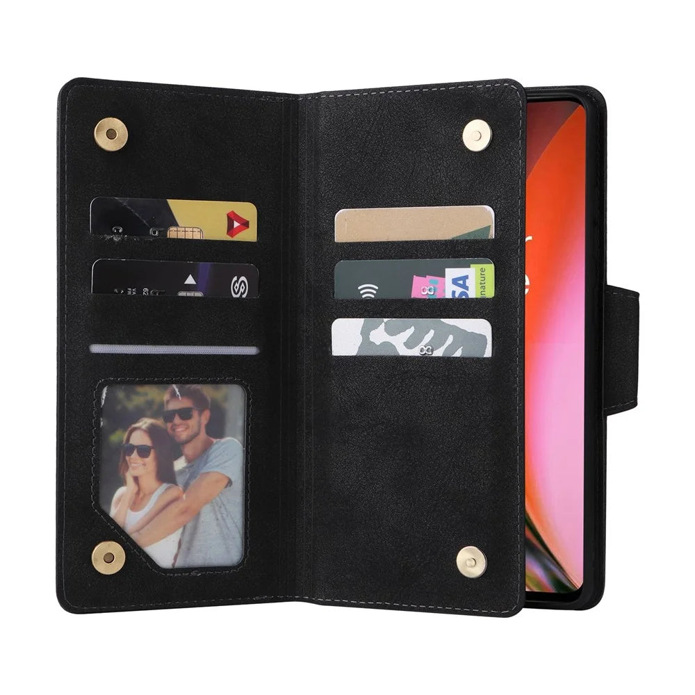 For OnePlus Nord 2 5G Zipper Pocket Design Phone Cover Rivet Buckle PU Leather Phone Case Stand Wallet with Strap - Black - 2
