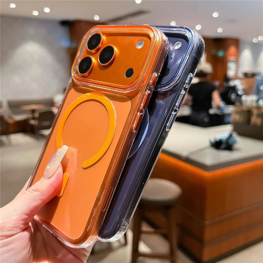 For iPhone 17 Pro Crystal Clear Case Compatible with MagSafe Hard PC Phone Cover with Tempered Glass Film - Orange - 7