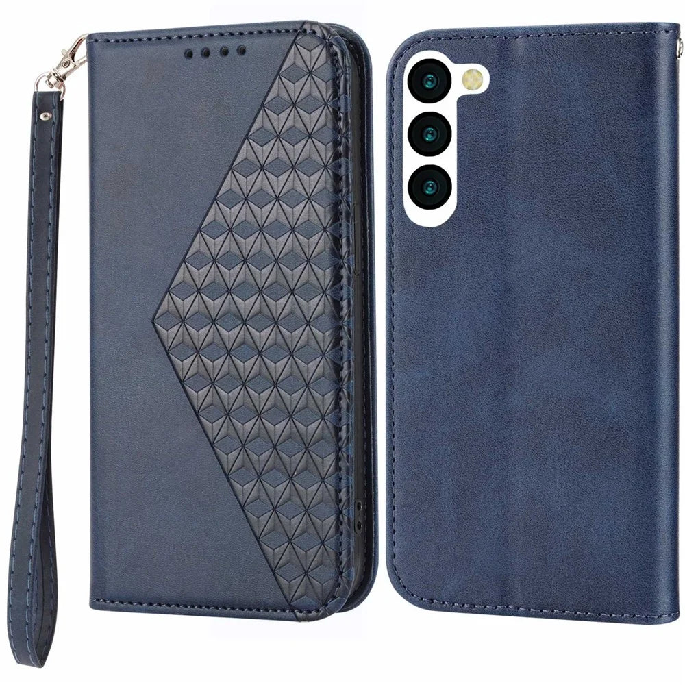 For Samsung Galaxy S23 Calf Texture Imprinted Rhombus Pattern Phone Stand Cover PU Leather Wallet Magnetic Closure Shell with Strap - Blue - 1