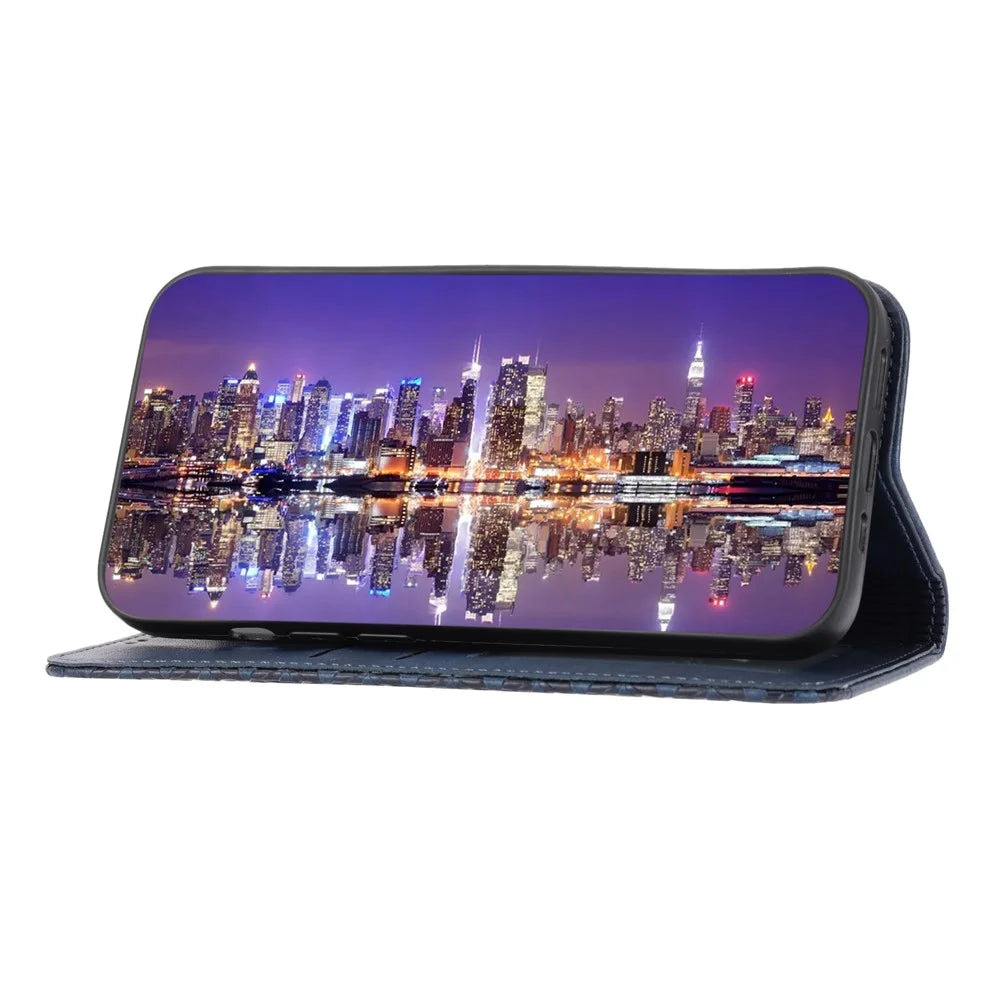 For Samsung Galaxy S23 Calf Texture Imprinted Rhombus Pattern Phone Stand Cover PU Leather Wallet Magnetic Closure Shell with Strap - Blue - 2