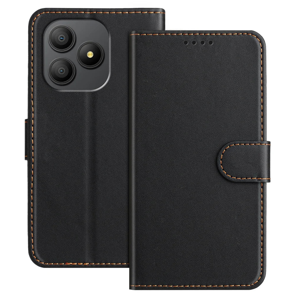 For Blackview Wave 9C Leather Case Wallet Stand Solid Color Anti Drop Phone Cover - Black - 1