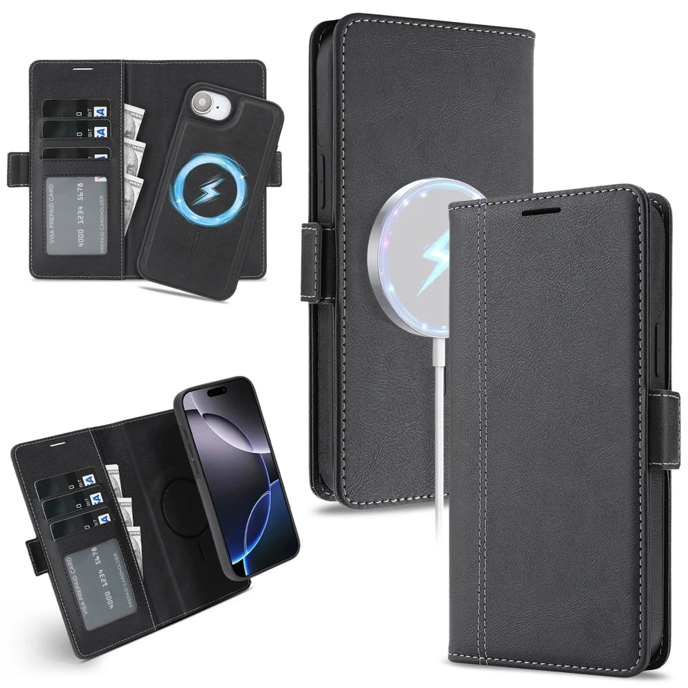 For iPhone 17e / 16e Case Detachable 2 in 1 Leather Wallet Phone Cover Compatible with MagSafe - Black - 1